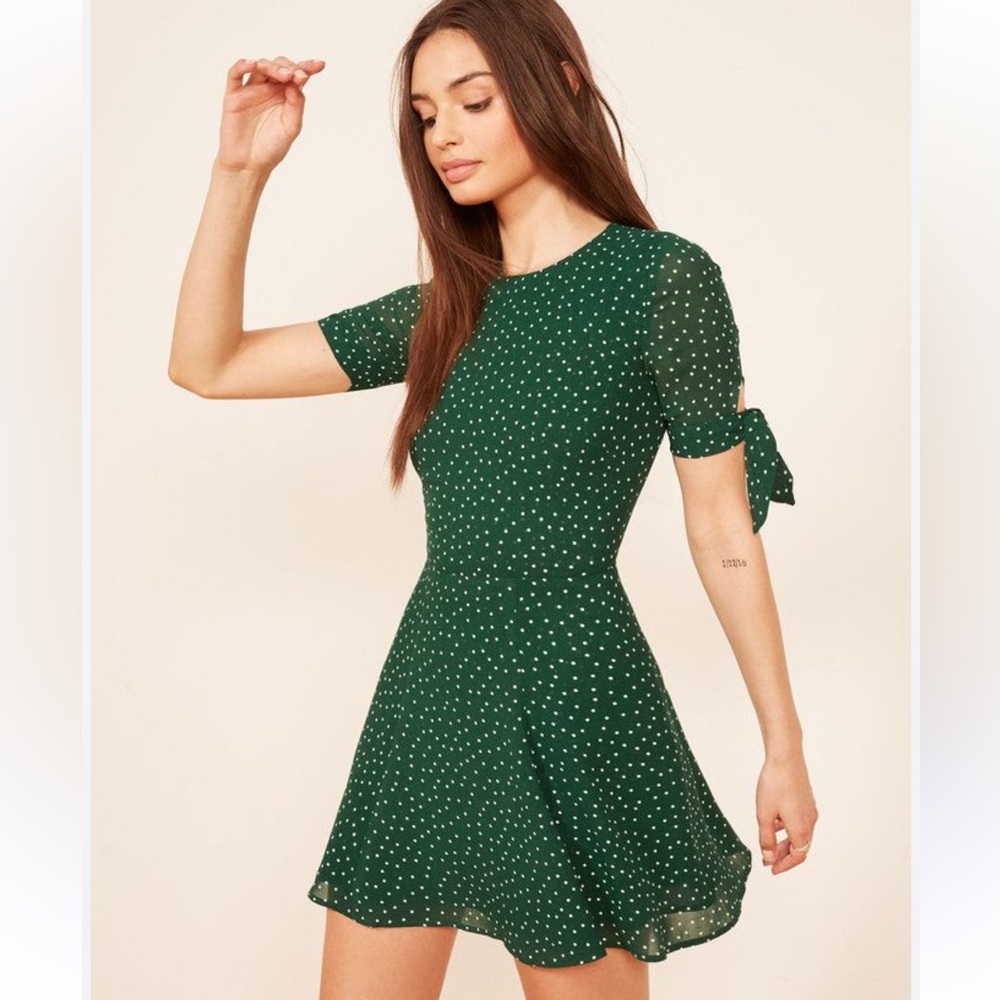 Reformation Green Tie Front Ruffled Mini Dress